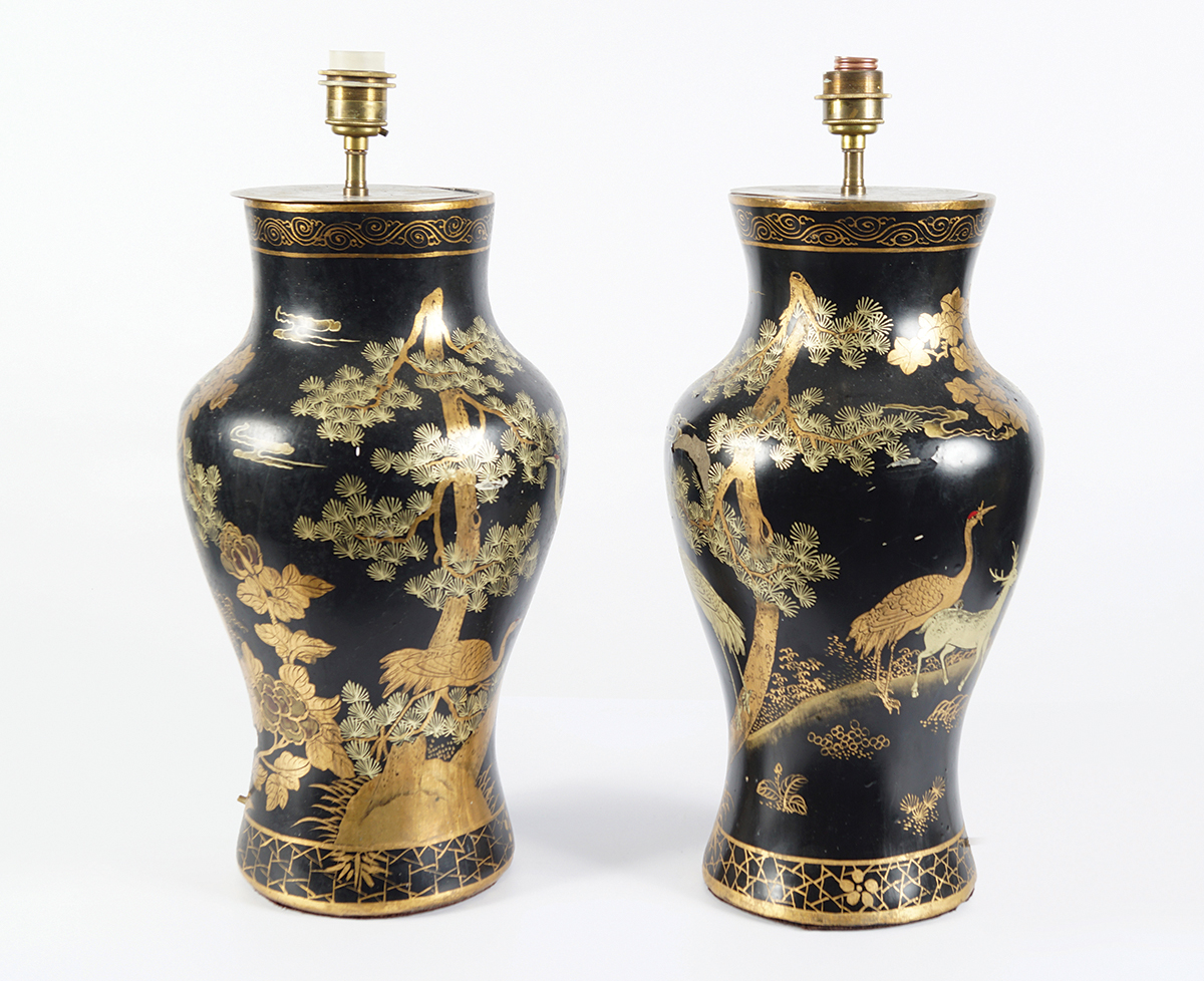 PAIR JAPANESE LACQUERED VASE-STEMMED TABLE LAMPS