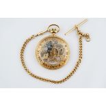 SKELETON GENTS POCKET WATCH AND 9 CT GOLD CHAIN