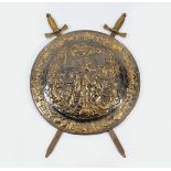 ANTIQUE ARMORIAL BRASS SHIELD & MOUNTED SWORD