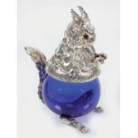 SILVER PLATED & BLUE GLASS JAR AND COVER