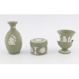 THREE GREEN WEDGEWOOD VANITY URNS