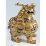 CHINESE QING GILT BRONZE AND POLYCHROME CENSER