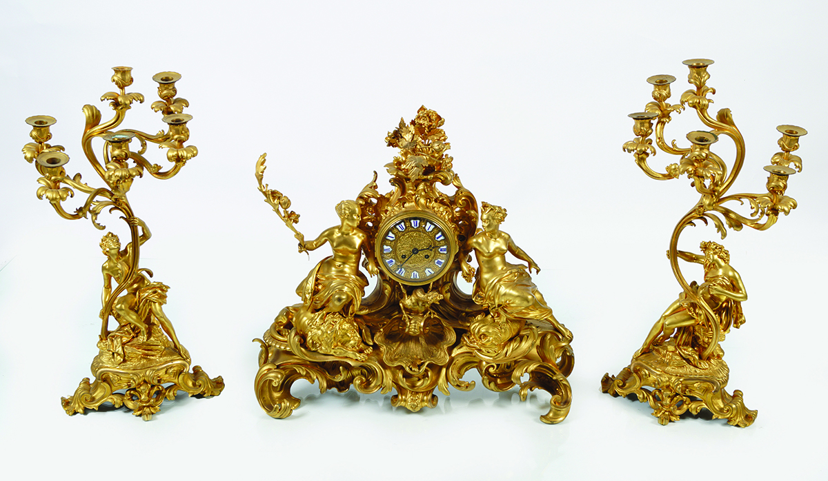 IMPORTANT 19TH-CENTURY FRENCH ORMOLU CLOCK GARNITURE