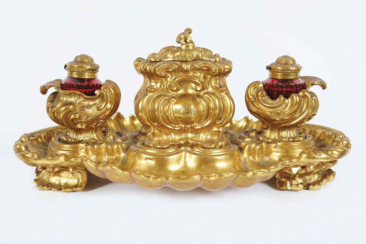 19TH-CENTURY ORMOLU AND RUBY GLASS INKWELL