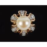 18CT YELLOW GOLD NATURAL PEARL AND DIAMOND RING
