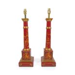 PAIR OF RED CHINOISERIE LACQUERED TABLE LAMPS