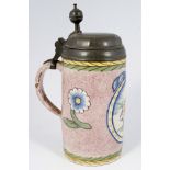 18TH CENTURY POLYCHROME & PEWTER TANKARD