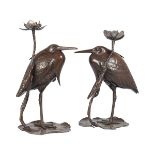 PAIR JAPANESE BRONZE BIRD STEMMED CANDLE HOLDERS