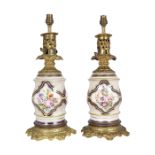 PAIR GILT BRONZE & PORCELAIN VASE STEMMED LAMPS