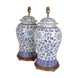 PAIR OF LARGE CHINESE BLUE AND WHITE TABLE LAMPS