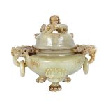 CHINESE PALE GREEN JADE DRAGON CENSER & COVER