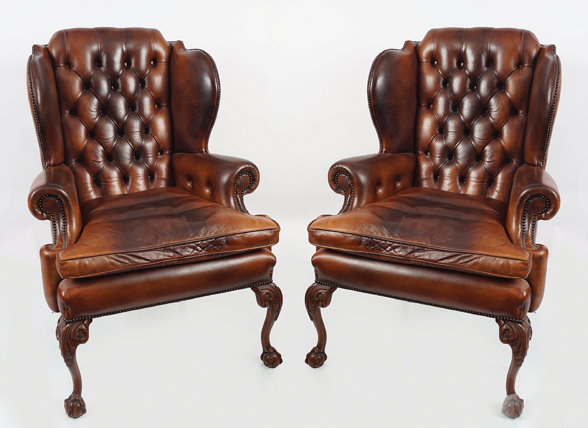 PAIR OF GEORGE III STYLE WING BACK ARMCHAIRS