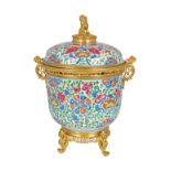 CHINESE QING POLYCHROME AND GILT BRONZE URN