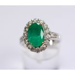 18CT WHITE GOLD NATURAL EMERALD & DIAMOND RING