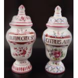 PAIR OF DELPH APOTECARY JARS AND COVERS