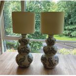 PAIR OF LARGE PAINTED POTTERY TABLE LAMPS