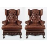 PR OF DUBLIN HIDE UPHOLSTERED WING BACK ARMCHAIRS