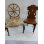 Oak shield back hall chair and walnut wheel back salon chair (2)