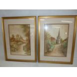 Pair watercolours - Derbyshire villages - E T Coton