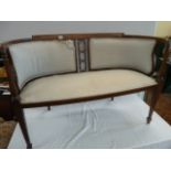 Edwardian inlaid mahogany silk upholstered curved back salon sofa