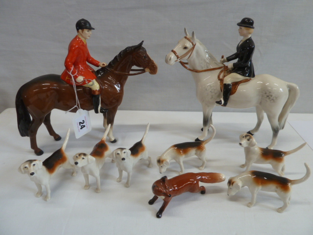 Beswick huntsman on brown horse, huntswoman on grey horse,