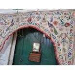 Late 19th/early 20thC Indian Hindu embroidered doorway hanging depicting Ganesha, peacocks, animals,