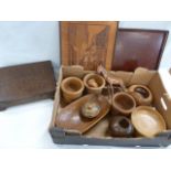 Treen - hardwood horse figure, wooden bowls, coconut jar, oak cutlery box,