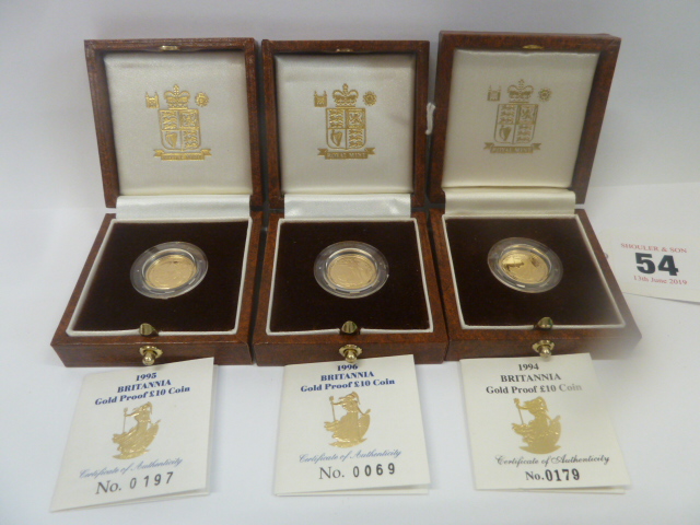 Royal Mint cased proof gold £10 coins 1994, 1995,