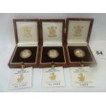 Royal Mint cased proof gold £10 coins 1994, 1995,
