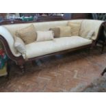 Victorian mahogany cream satin scroll arm sofa