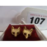 Pair 9ct Gold fox head earrings set with ruby eyes