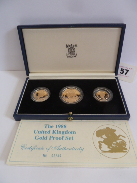 Royal Mint cased 1988 United Kingdom gold proof 3 coin set