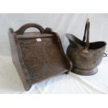 Carved oak coal box and metal coal scuttle (2)