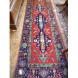 Red and blue ground Persian traditional design runner (40" x 148")