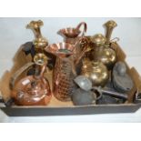 Copper crocodile skin jugs, brassware, pewter shall shape spoon warmer,
