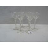 Set 6 early 19thC grape and vine etched hock glasses with air twist stems