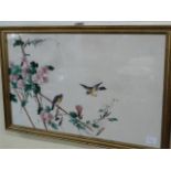 Chinese silk bird & flower pictures (one signed - both with Harrods retail labels verso)