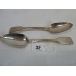 Pair silver fiddle pattern table spoons - London 1828