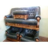 Oak framed green leather 3 piece suite with pouffe