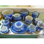 Wedgwood dark blue jasper ware teapot, jugs, plant pots, etc.