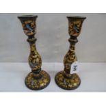 Pair lacquered papier mache candlesticks decorated with kingfishers in gilt foliage (9")