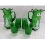 Pair Mary Gregory green glass jugs & set 6 green port glasses