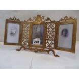 Edwardian pierced and engraved brass folding triptych photograph frame