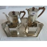 Deco style polished hammered pewter tea set on tray - Craftsman,