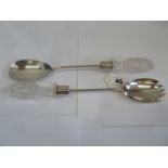 Pair silver salad servers with cut glass handles - London 1912