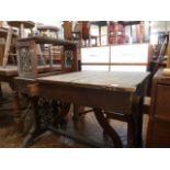 19th Century pine lift lid work table with cast iron fretted number 7 insert to legs