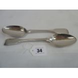 Pair silver fiddle pattern table spoons - London 1857