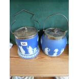 Wedgwood dark blue jasper ware biscuit barrels (2)