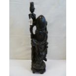 Early 20thC Chinese carved hardwood lamp base depicting wise old man with stork,
