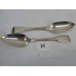 Pair silver fiddle pattern table spoons - London 1807